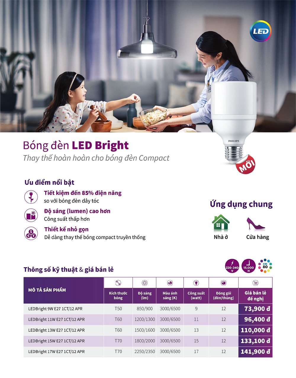 ( BỘ 4 ) BÓNG ĐÈN LED BRIGHT PHILIPS 9W E27 1CT/12 APR ( THAY THẾ CHO BÓNG COMPACT )
