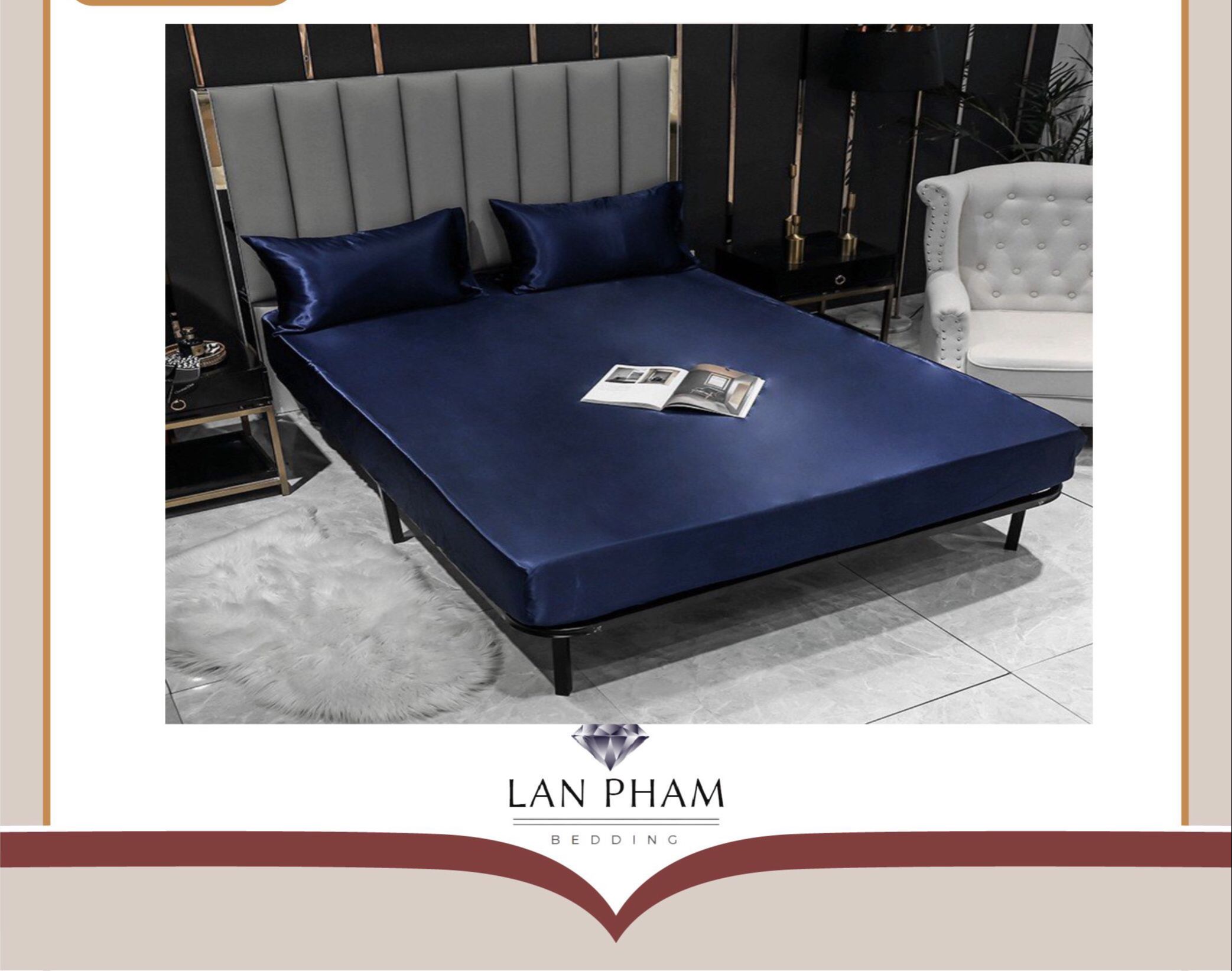 ( Lụa Loại 1) Ga Giường Phi Lụa Màu Xanh Đen Cao Cấp Mềm Mại Lan Pham Bedding