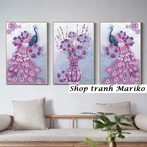 Tranh thêu chim công tím mn0185 kích thước 160 x 80 cm