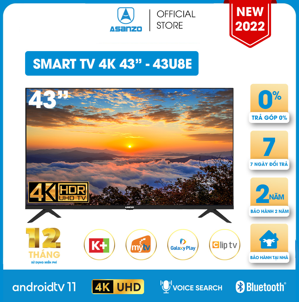 Smart TV ASANZO 4K 43 Inch - 43U8E - Model 2022 - Hàng chính hãng