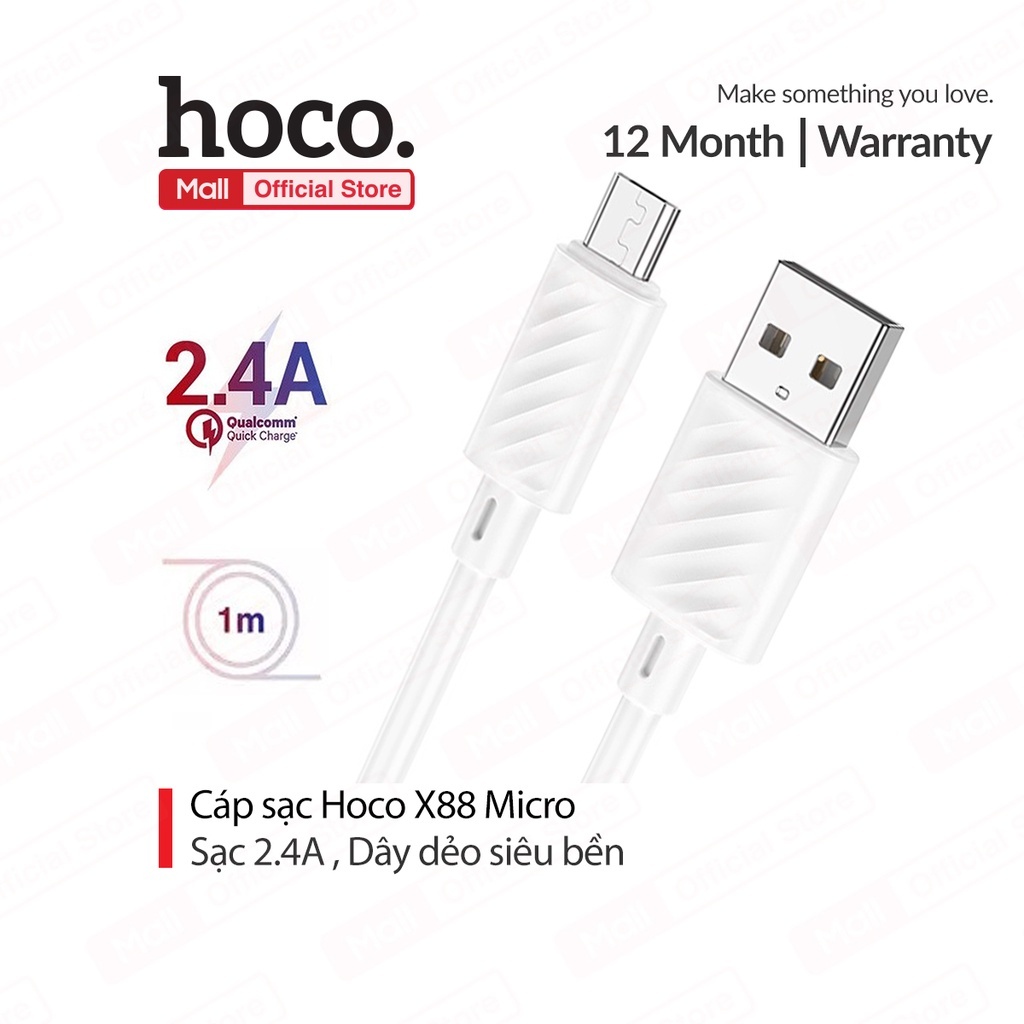 Cáp sạc Hoco X88 Micro sạc nhanh 2.4A đồng bộ data cho Android dài 1M chất liệu nhự siêu bền.