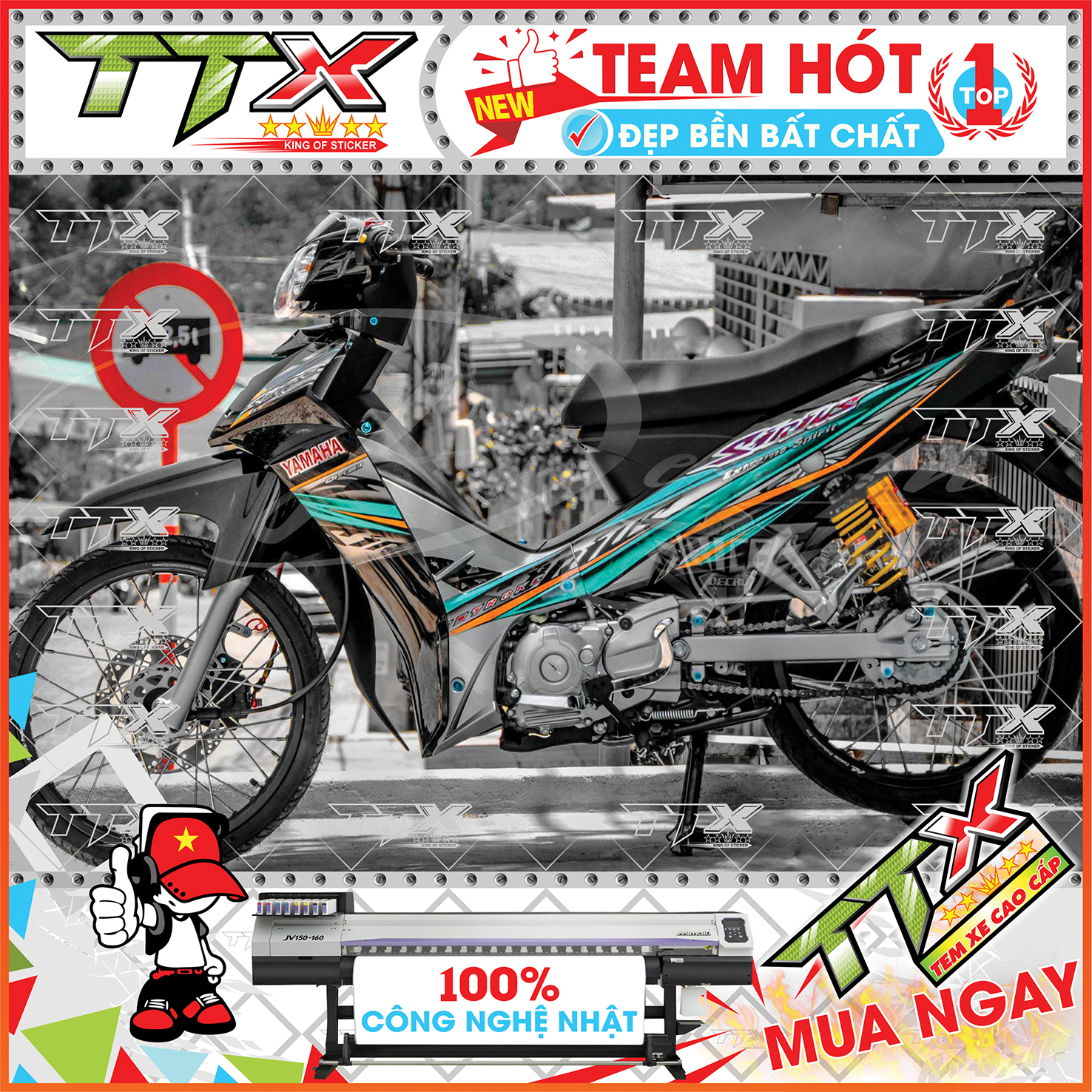 Tem rời sirius mặt trời nhỏ , Team chế sirius dán xe màu xanh nền đen tuyệt đẹp , Shop TTX Tem xe sirius