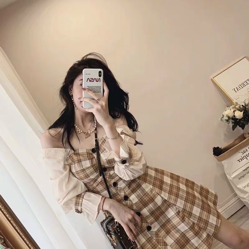 Đầm caro trễ vai tay dài cực xinh form chuẩn TTSA1210