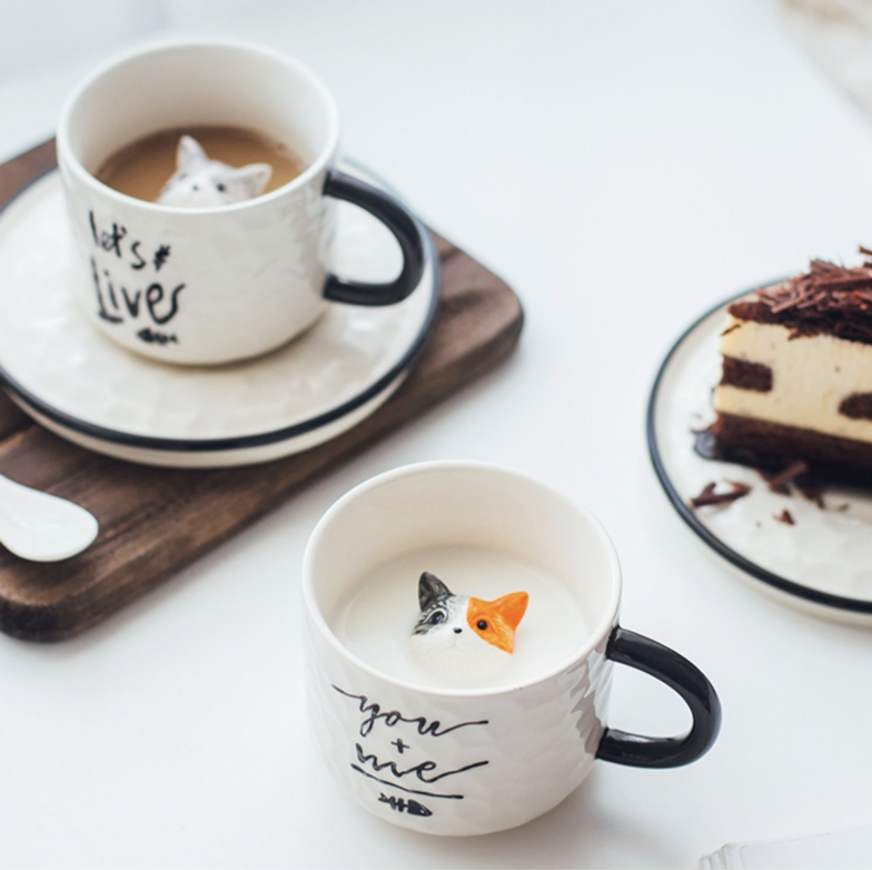 Bộ cốc/ly đĩa sứ hình mèo tam thể