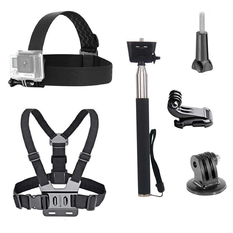 3 in 1 Universal Waterproof Action Camera Accessories Bundle Kit - Head Strap Mount/Chest Harness/Selfie Stick Compatible for Gopro Hero 6 5 Action Camera