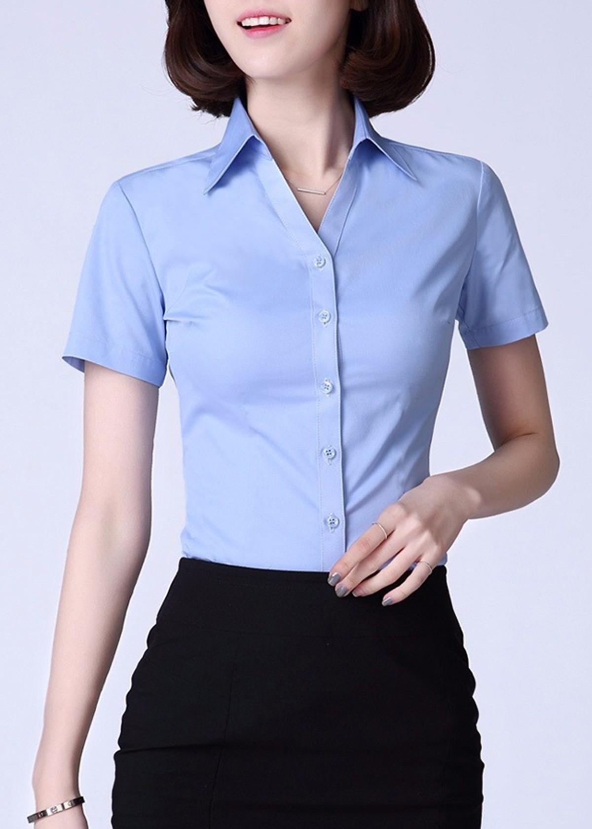 Sơ mi Ngắn tay nữ xanh nhạt trẻ trung