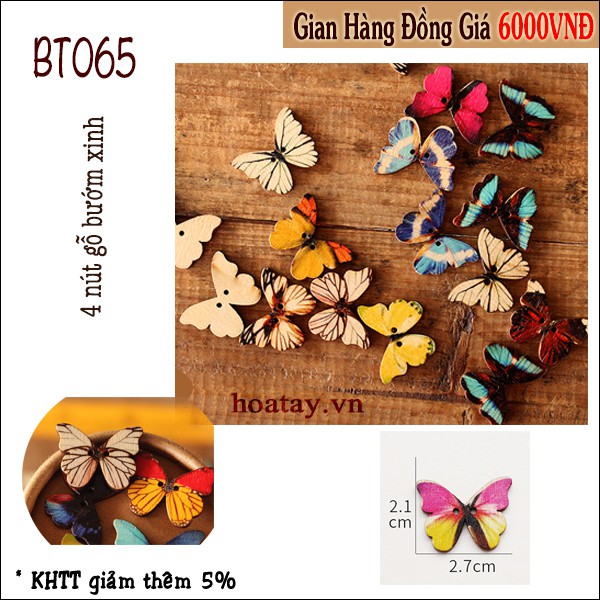Nút Gỗ Bướm Xinh BT065 - Hoa Tay Handmade