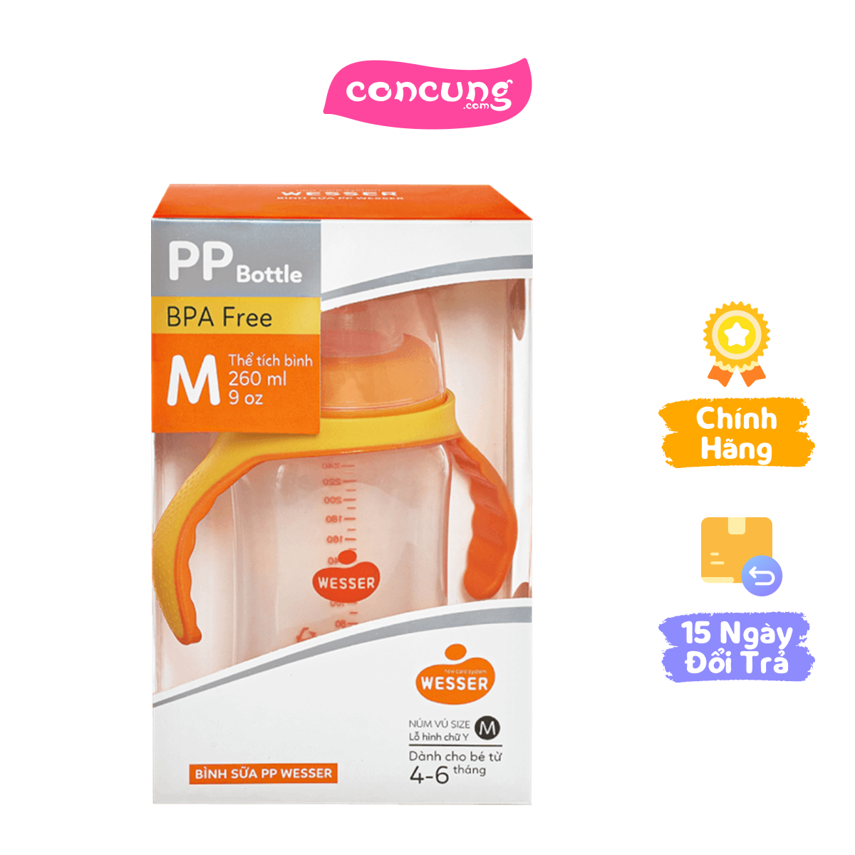 Bình sữa cổ rộng wesser pp 260ml