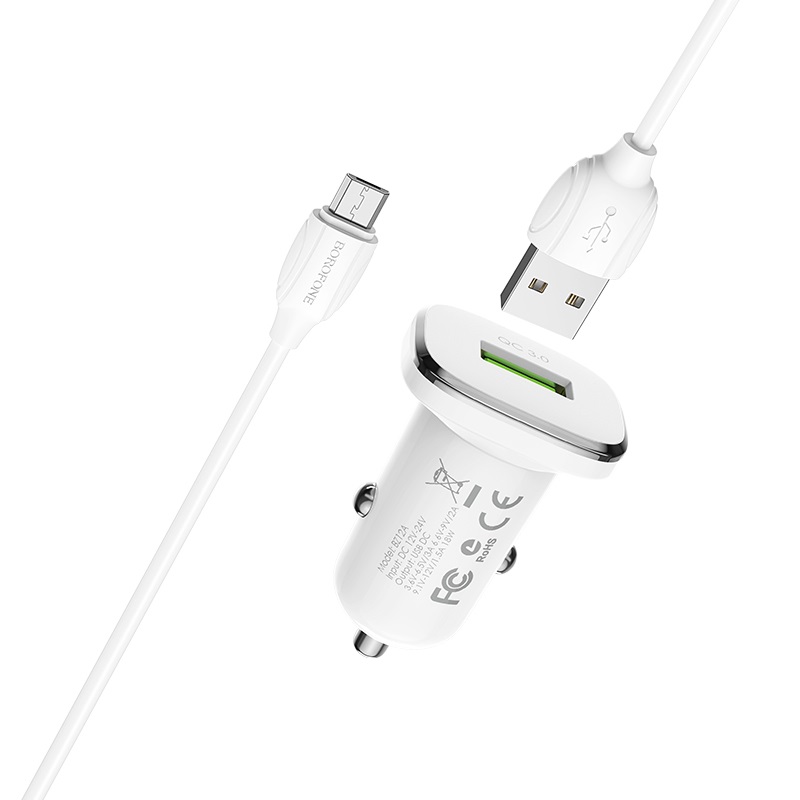 Bộ cóc cáp sạc xe hơi borofone bz12a qc3.0 bz-12a cổng micro-1 cổng usb