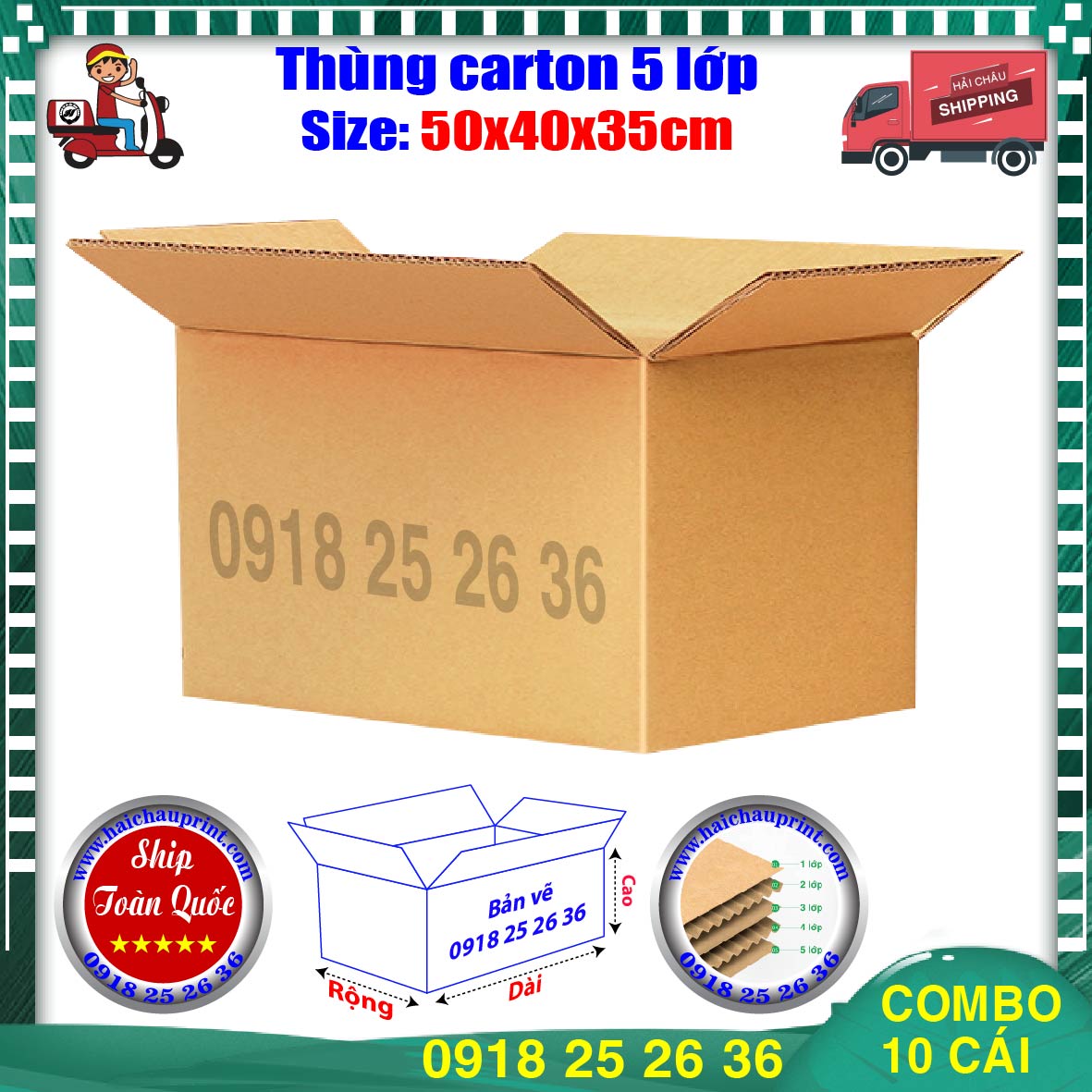 10 Thùng Carton HC0100 - 50x40x35cm Hộp Carton Đóng HàngCarton 5 Lớp