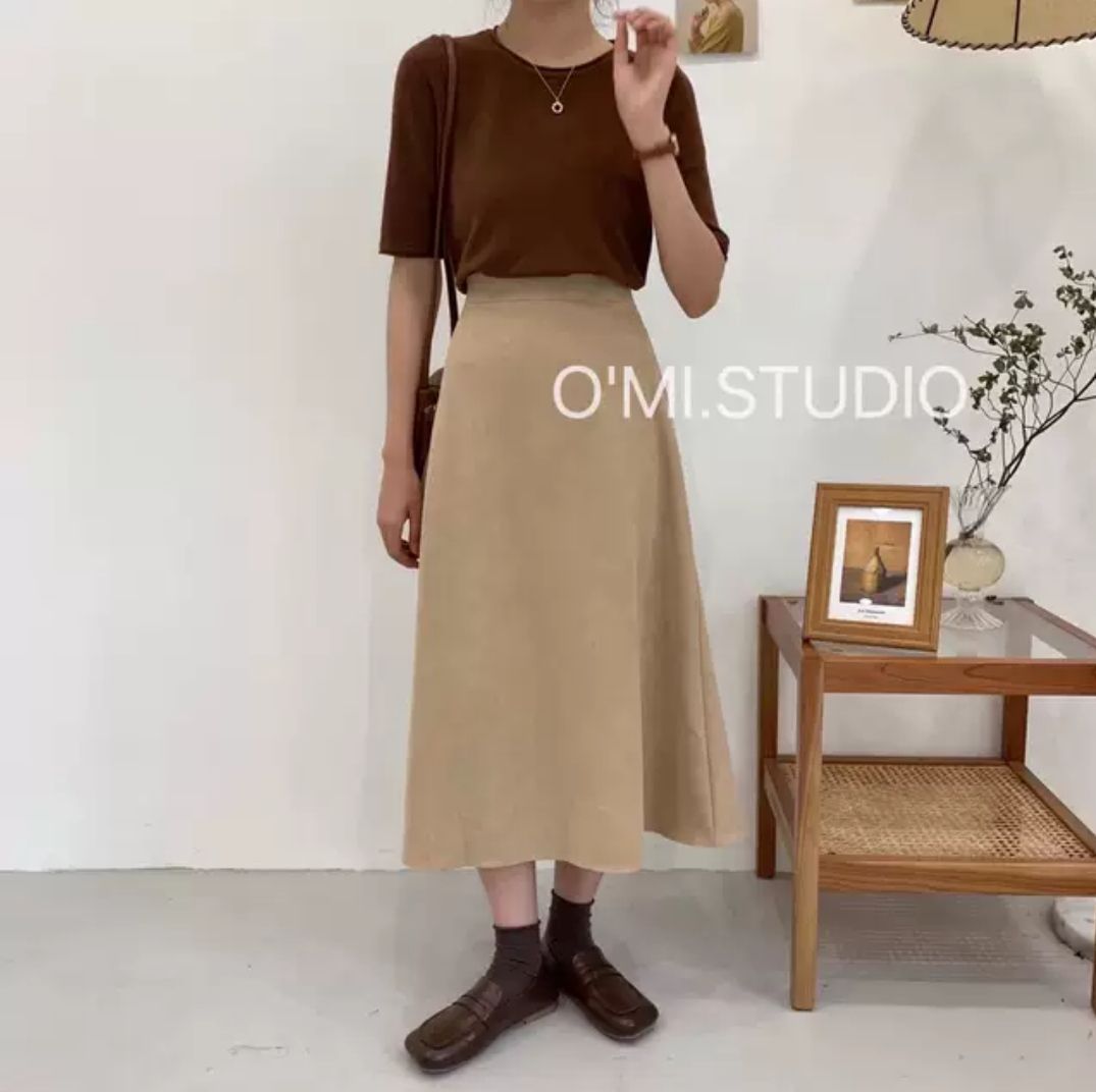 Chân váy midi vintage chất trượt 2 lớp