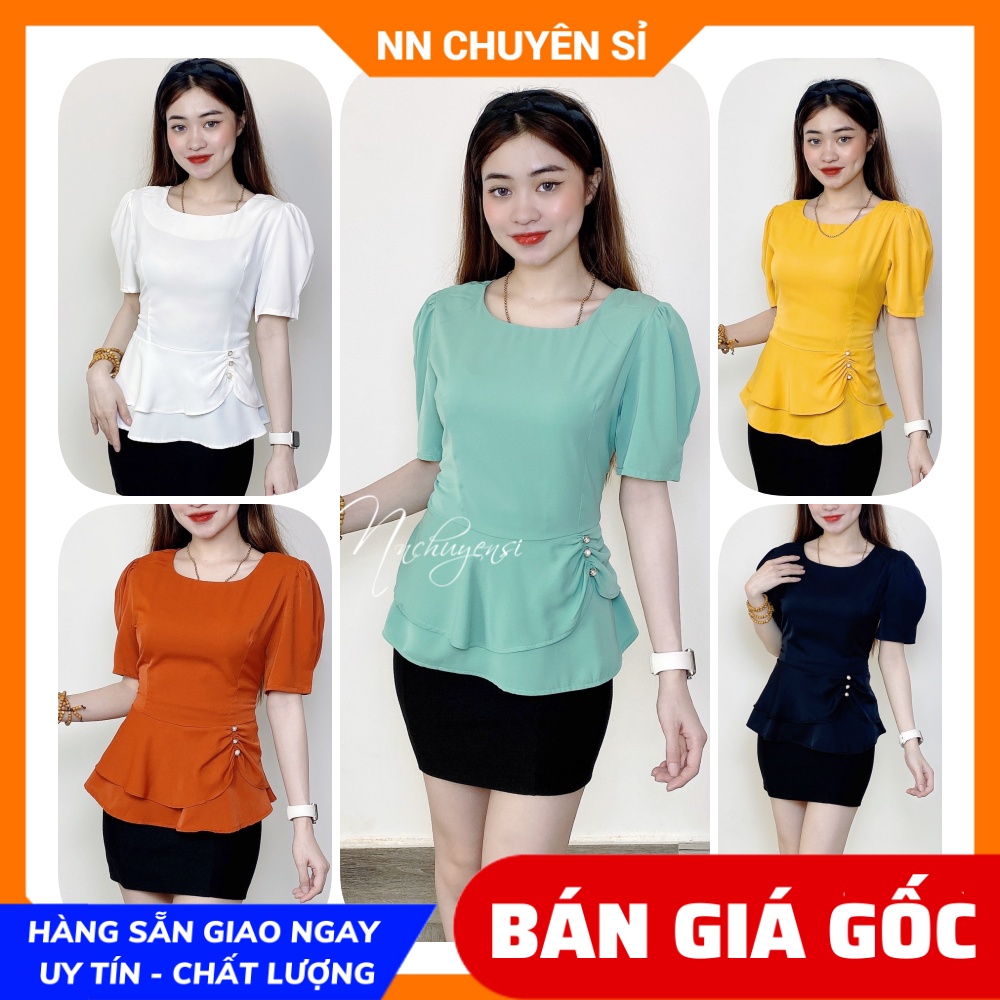 Áo kiểu công sở cho nữ dáng peplum cổ tròn phối cườm  - chất vải kate lụa mềm mịn cao cấp 🛑 Áo công sở nữ 🛑 Áo kiểu chất đẹp ❤ Áo tay ngắn phồng 🛑 Áo cổ V ❤ Áo kiểu cao cấp  MT1996