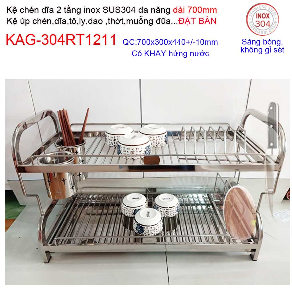[HCM]Kệ đựng chén bát đặt bàn 70cm Kệ úp chén dĩa có khay hứng Kệ úp chén dĩa đa năng SUS304 Inox Kace KAG-304RT1211 dài 70cm