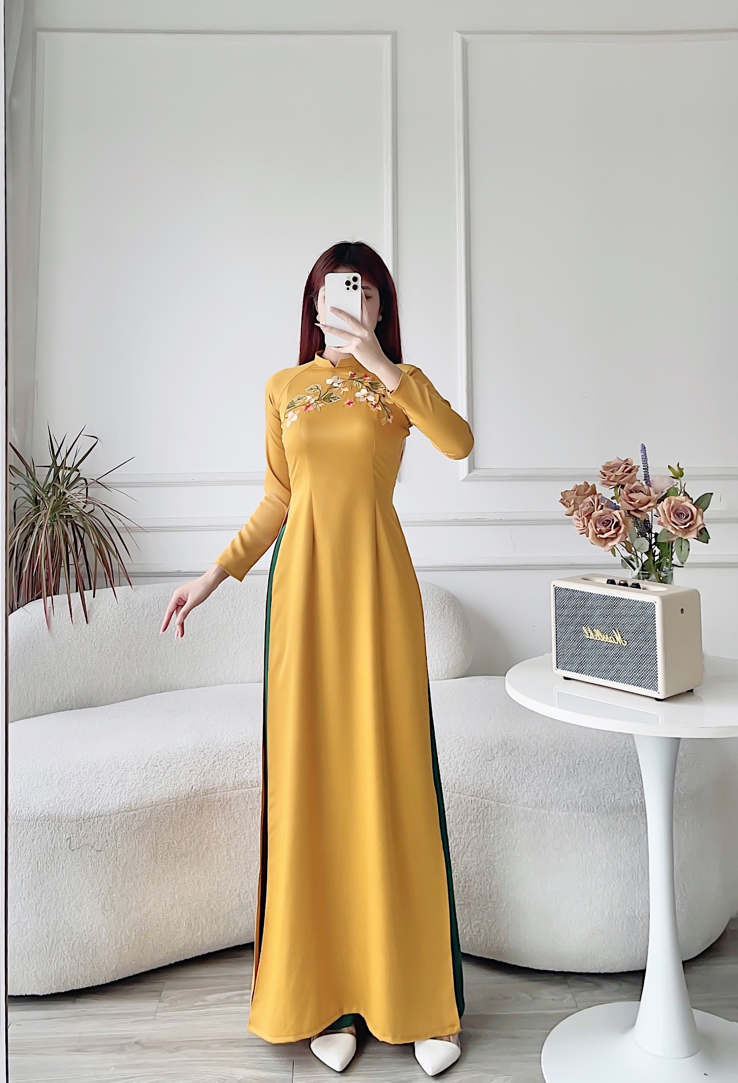 Áo dài cách tân áo dài lụa tây thi thêu thủ công MÃ TK19