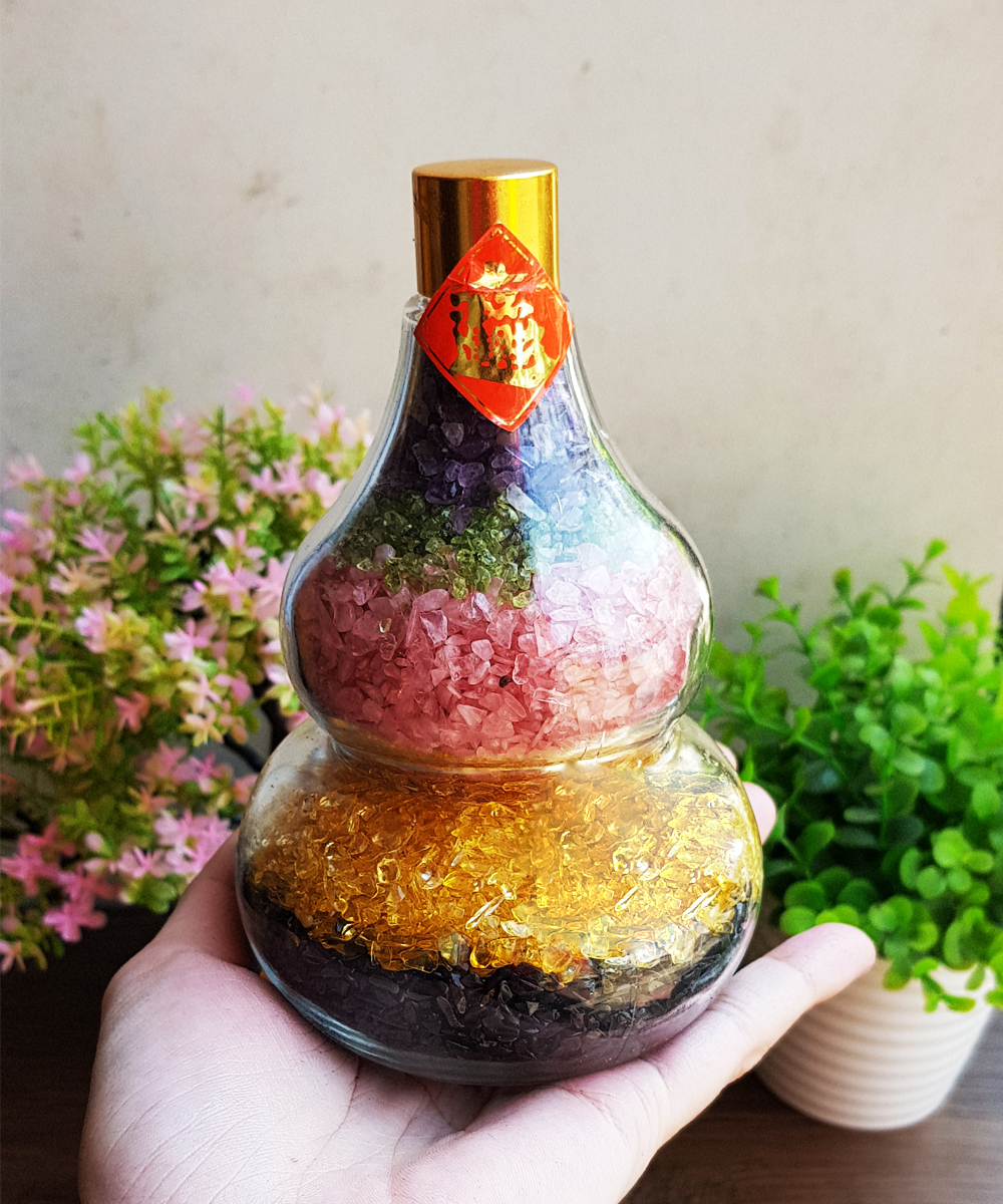[HCM]Hồ lô thủy tinh đá thạch anh ngũ sắc 15cm chiêu tài lộc
