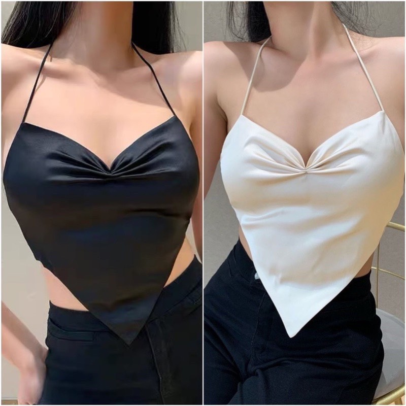 Áo yếm croptop cổ đỗ hở lưng dây 2 màu đen trắng