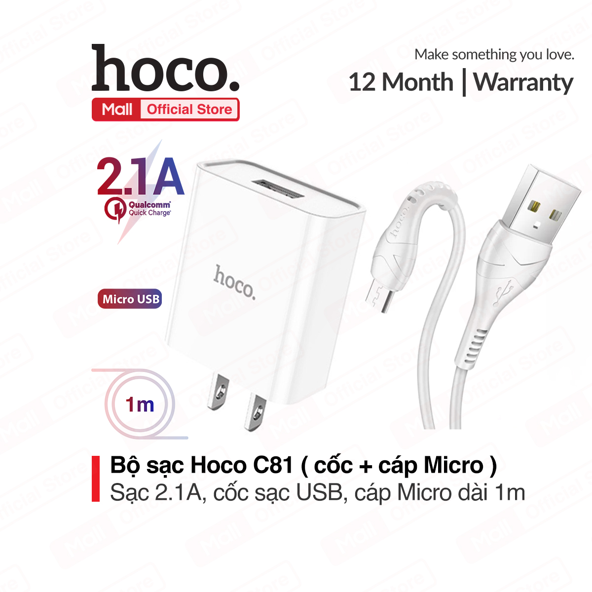 Bộ sạc Hoco C81 Micro USB sạc nhanh 2.1A Max chân cắm tiêu chuẩn ( củ kèm cáp Micro )