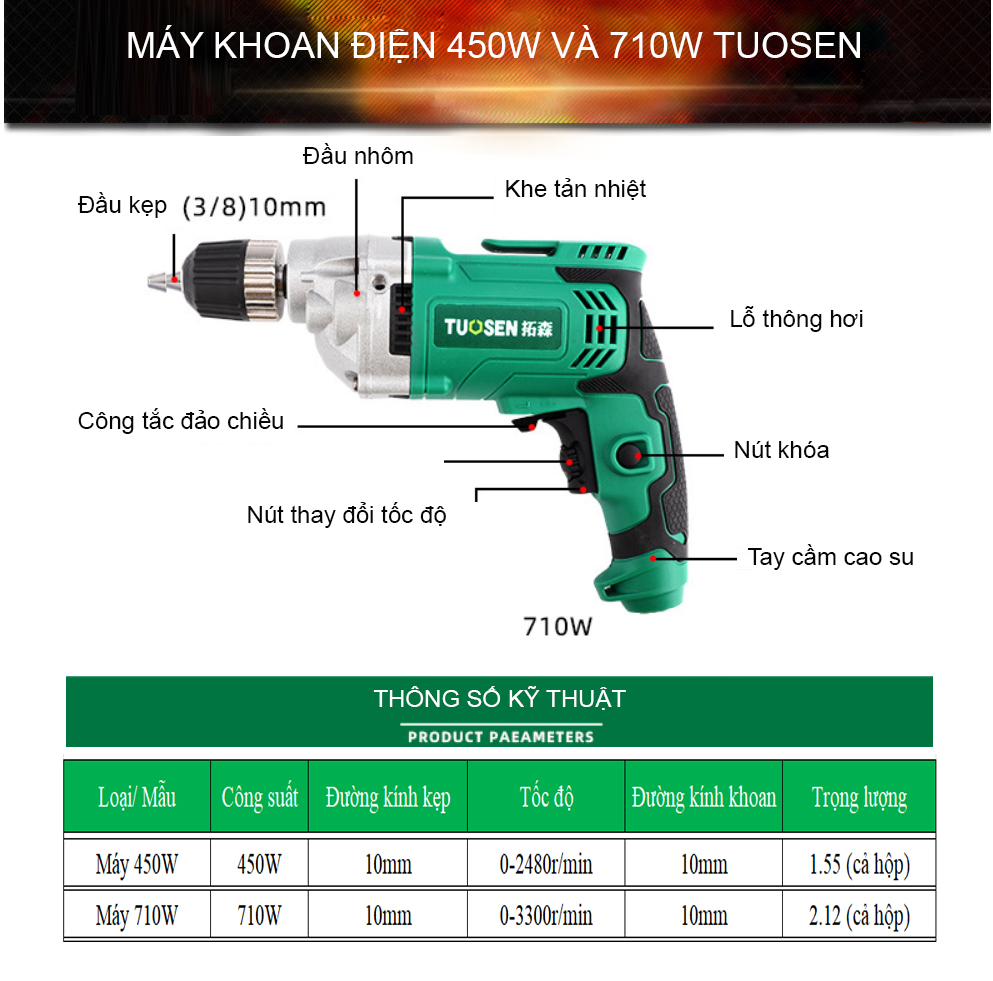 Máy khoan đa năng khoan tường bê tông bắt vít gỗ kim loại với công suất 450W và 710W Tuosen