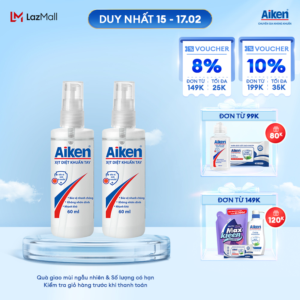 Aiken Combo 2 Xịt Diệt Khuẩn Tay 60ml
