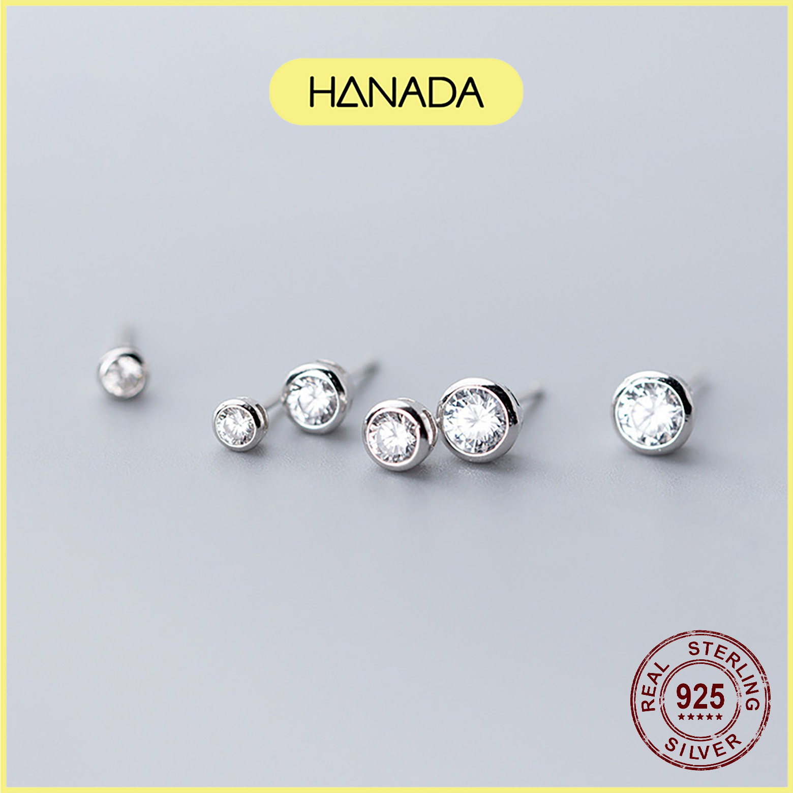 [HCM] Bông Tai Bạc Cao Cấp Hanada Đá Tròn Viền 0404