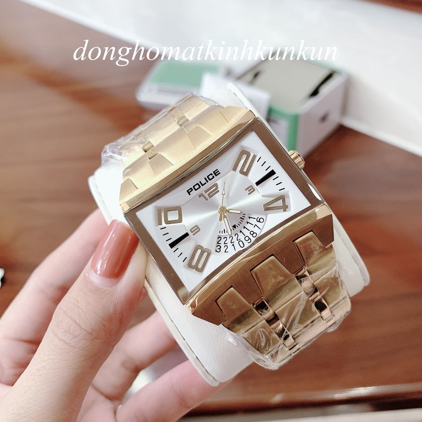 [HCM]Đồng Hồ Nam Police Vàng Mặt Trắng - Lịch Ngày Phá Cách - Quartz - 42mm