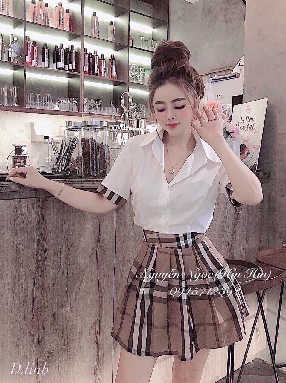 Sét bộ chân váy caro đùi nữ áo sơ mi