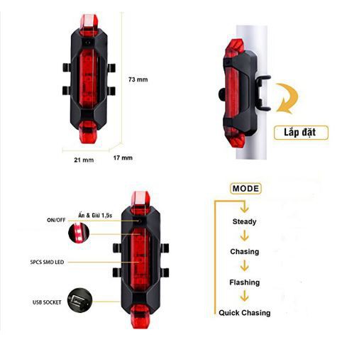 [HCM]Đèn báo hiệu gắn đuôi xe đạp 5 bóng LED có cổng sạc USB