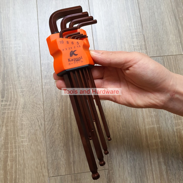 [Chính hãng] Bộ Lục Giác Thép Nâu Đầu Bi Hãng Kapusi Nhật Bản 9 Cây, Chất liệu thép CR-V6150, Bảo hành 12 tháng, Chiều Dài 25mm, chống ăn mòn và chịu lực tốt, phù hợp với nhiều loại bulong, ốc vít, Bộ lục lăng, Cây lục giác
