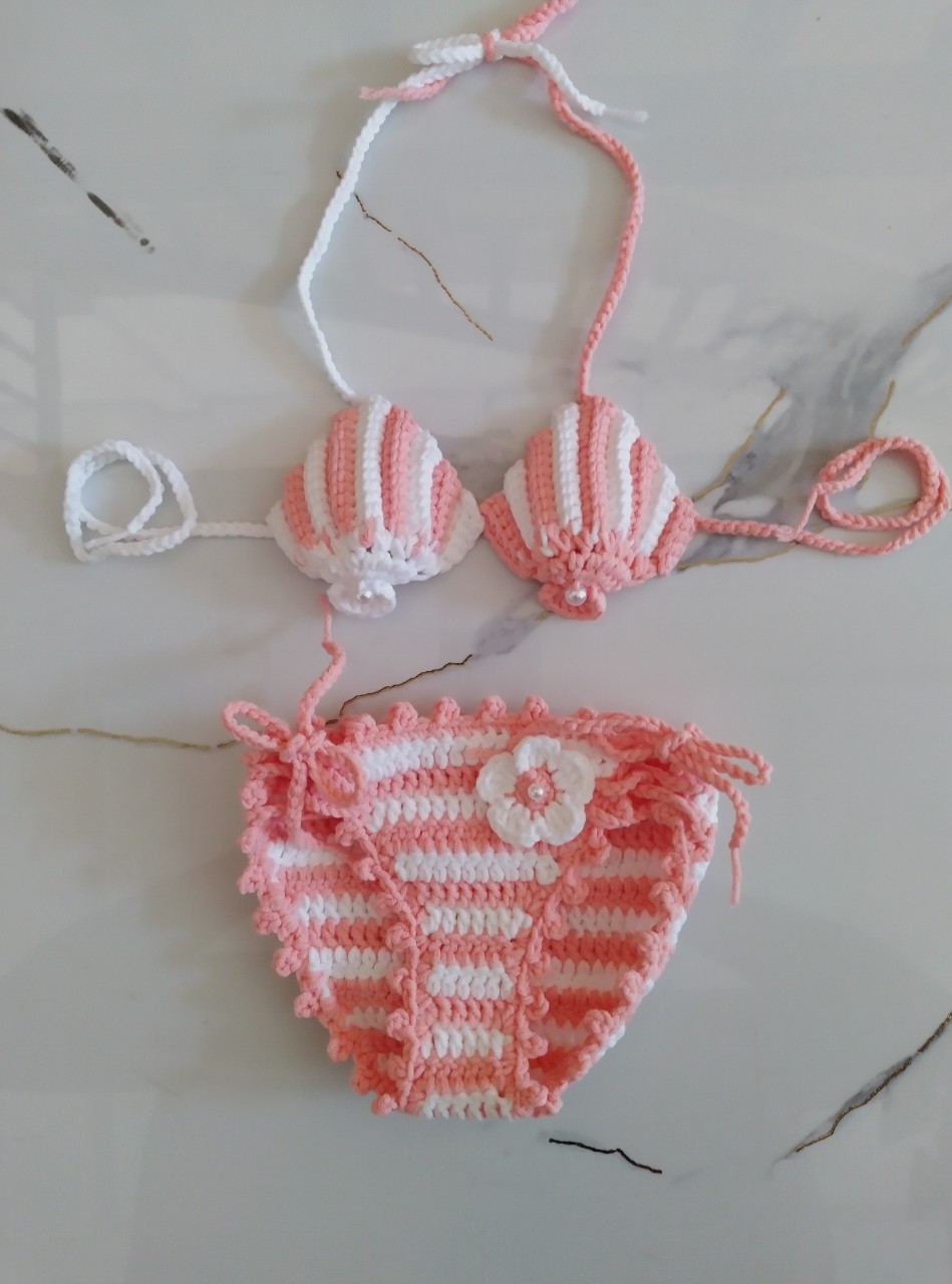 Set mũ + bikini cho bé đi biển, set mũ + bikini handmade cho bé