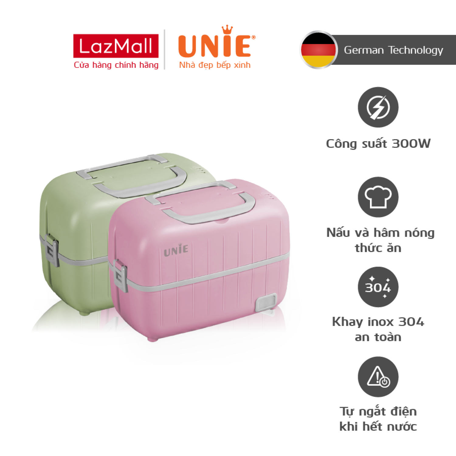 Hộp cơm cắm điện văn phòng Unie UV kèm hộp thìa đũa, hâm nóng, nấu chín thức ăn nhanh chóng - Hàng chính hãng