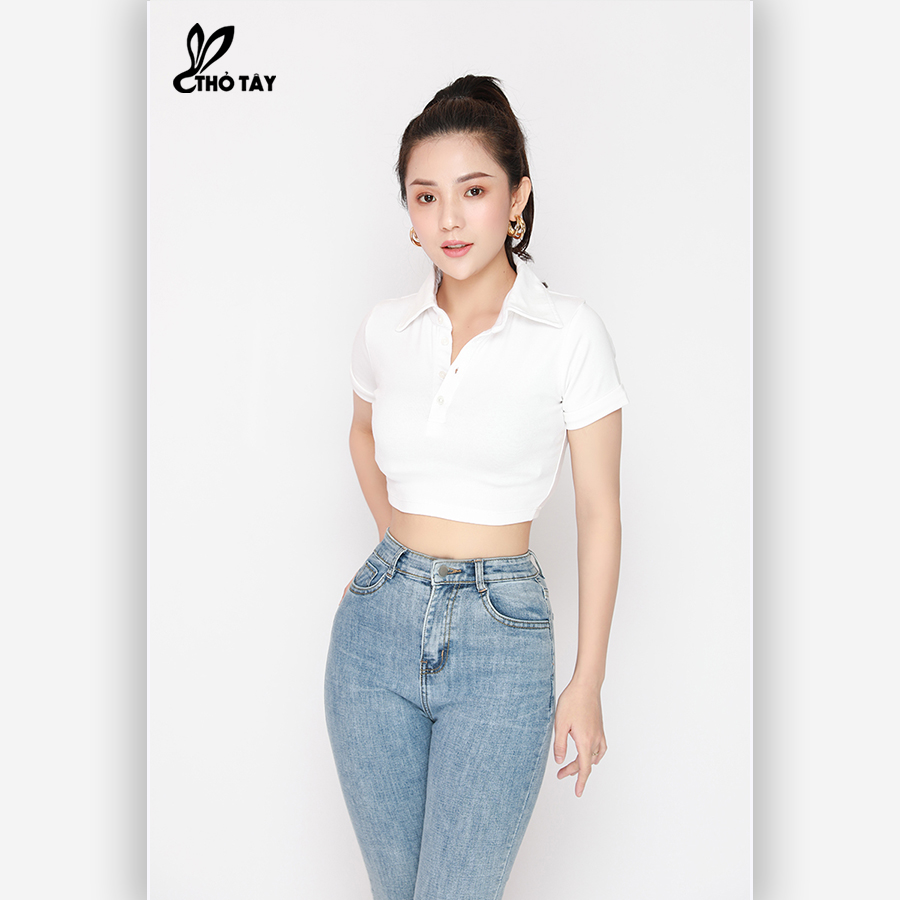 Áo Thun Nữ Cổ Bẻ Form Croptop - THỎ TÂY A220B645