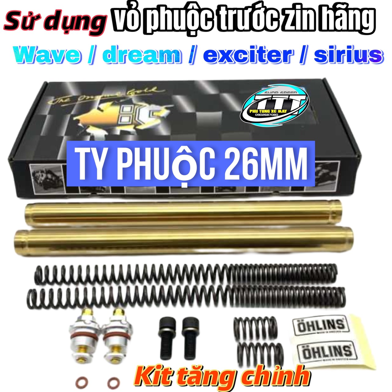 Bộ Ty  phuộc nhún  trước xe exciter Ex135 - Ex150 tăng chỉnh (  SIZE 26 mm  -  màu vàng )