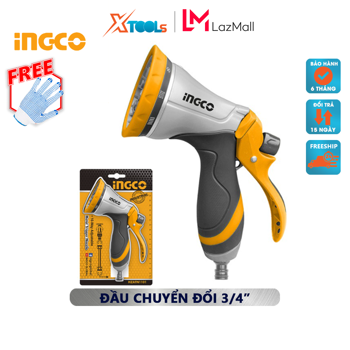 Nozzle spray watering plants ingco HZATN1101 | Spary nozzle multifunctional conversion head 3/4 ", 10 modes spray, size 14x7x18,3cm, handle soft garden watering, car washing, watering plants