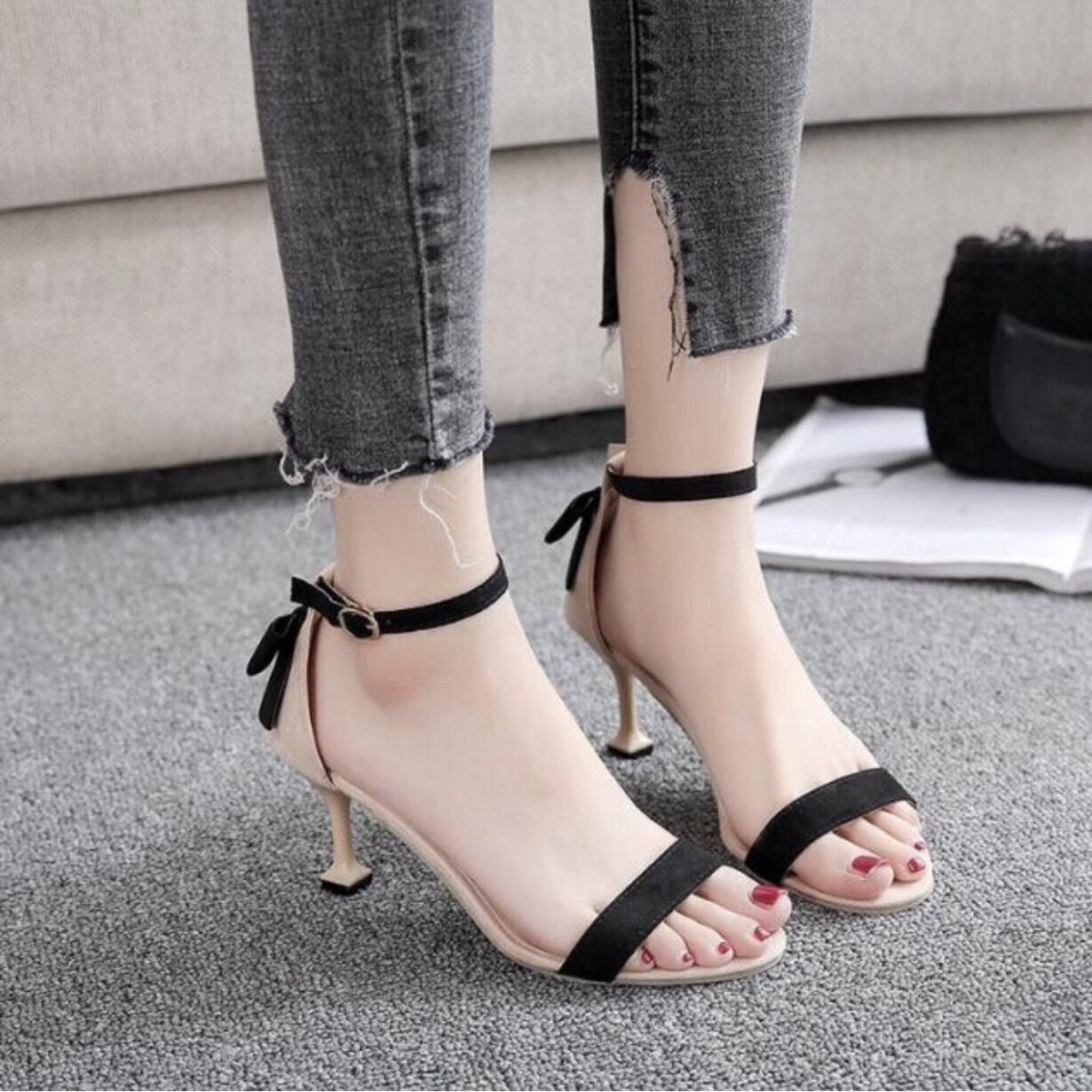 Giày Cao Gót 7p Quai Mãnh Gót Gắn Nơ ST
