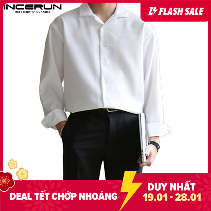 INCERUN Mens Long Sleeve Casual Loose V Neck Dress Tops Button Front Shirt Blouse