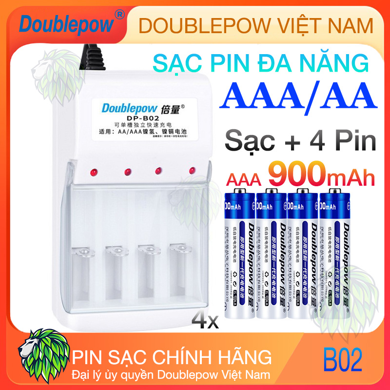 Bộ sạc pin AA AAA DB02 + 4 pin AAA 900mah Doublepow (hàng chính hãng) Pin Sạc Micro Không Dây - Pin Đồ Chơi Điện Tử - Pin Tiểu Sạc Dung Lượng Cao - Pin Micro Loa Kẹo Kéo - Pin Chuột Không Dây