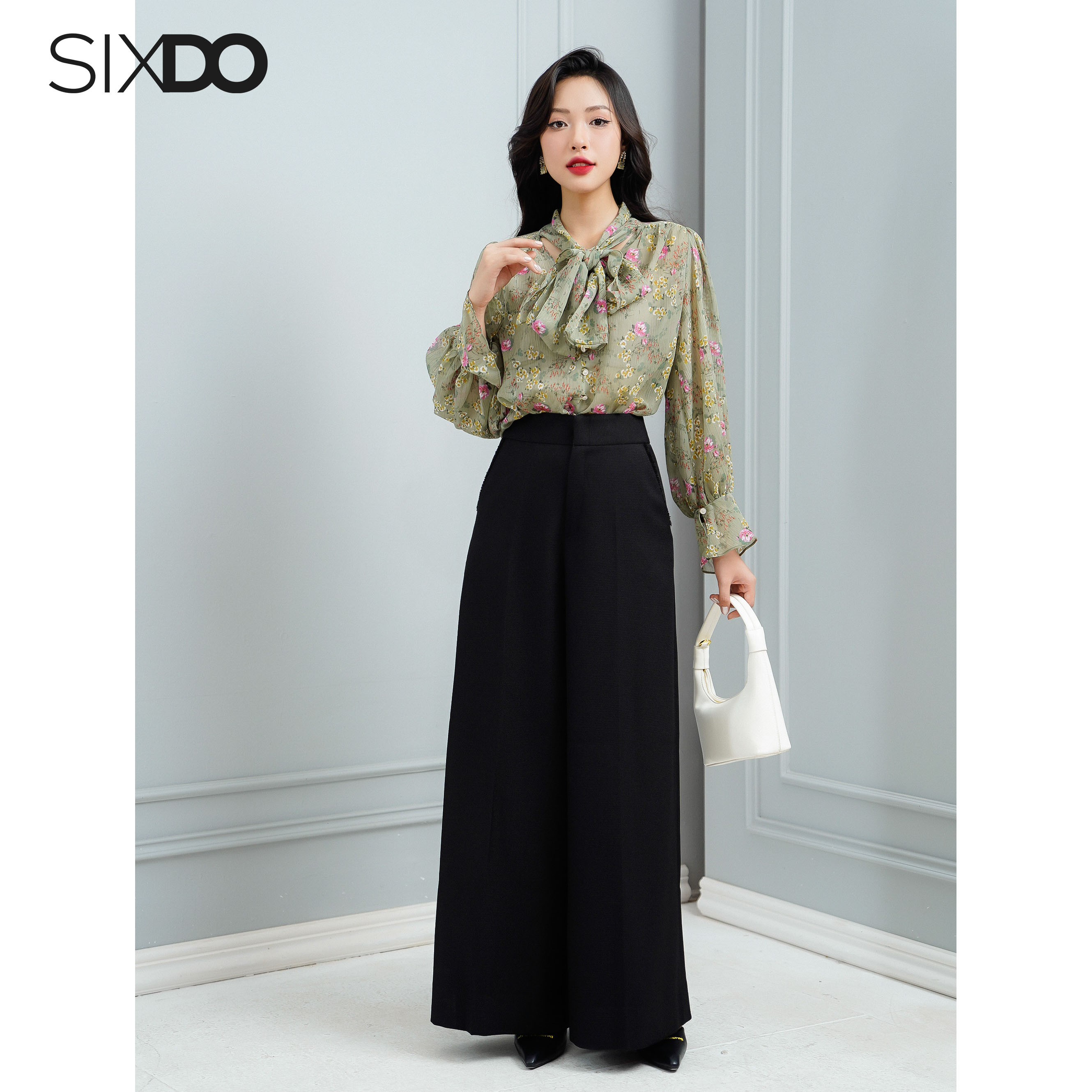 Áo sơ mi nữ voan tay phồng thời trang SIXDO (Olive Floral Voile Shirt)