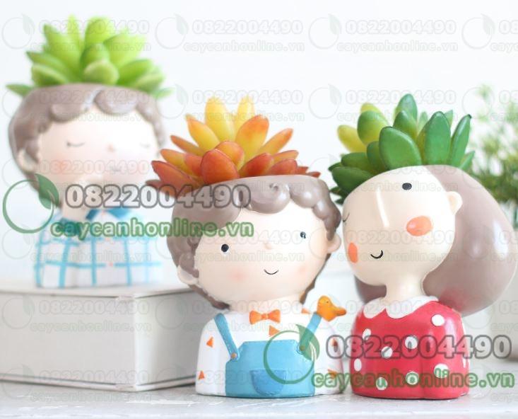 Chậu trồng cây hình người tóc xoăn cô gái chàng trai đáng yêu trồng cây cảnh mini sen đá