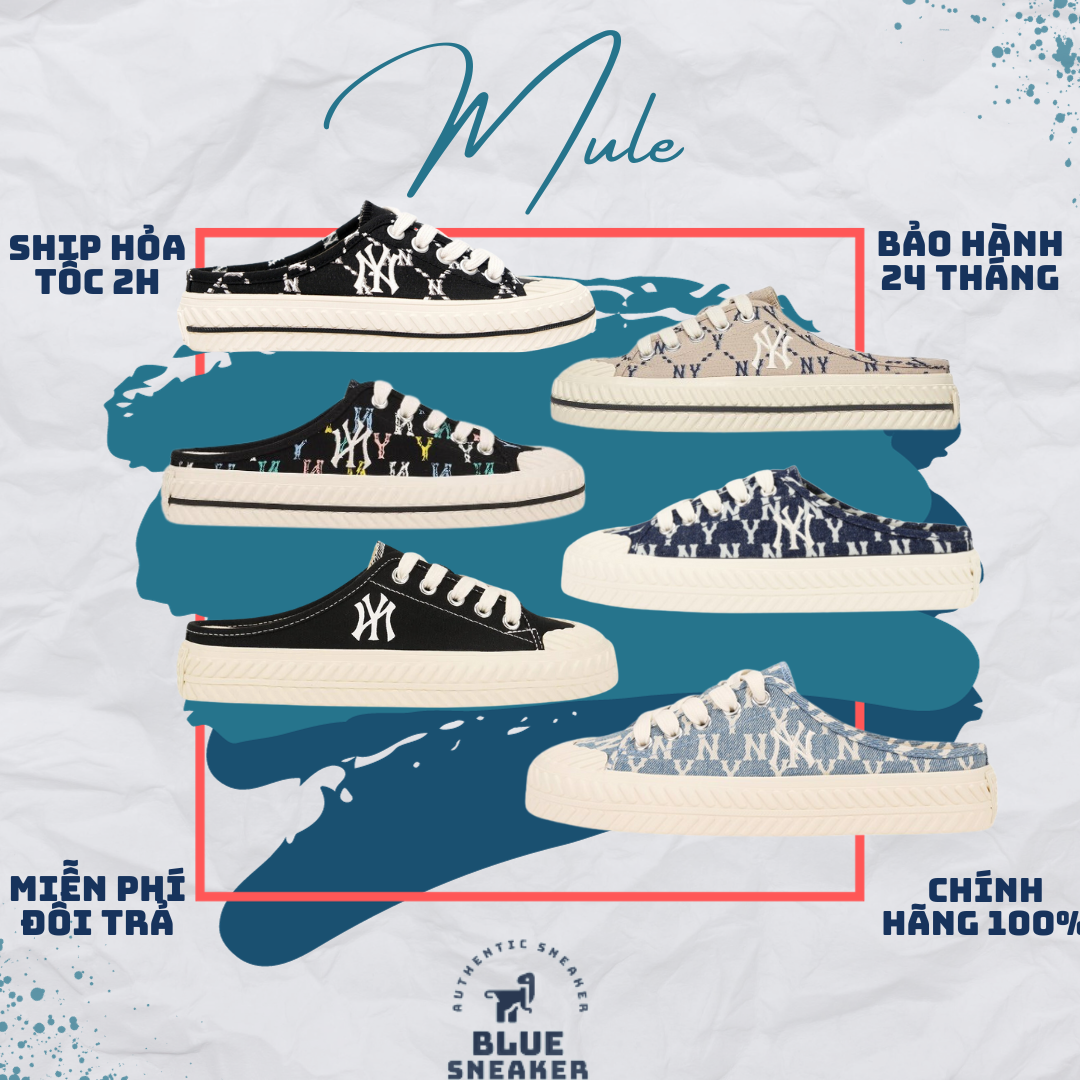 [CHÍNH HÃNG] Giày đạp gót MLB Mule màu đen dễ mang, MLB NY, BLUE SNEAKER 1999