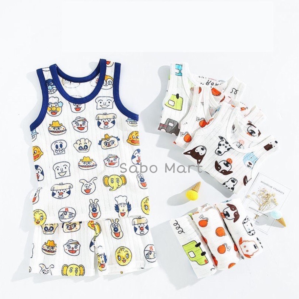 COMBO 5 Bộ Ba Lỗ Cotton Giấy Hoạ Tiết Cho Bé