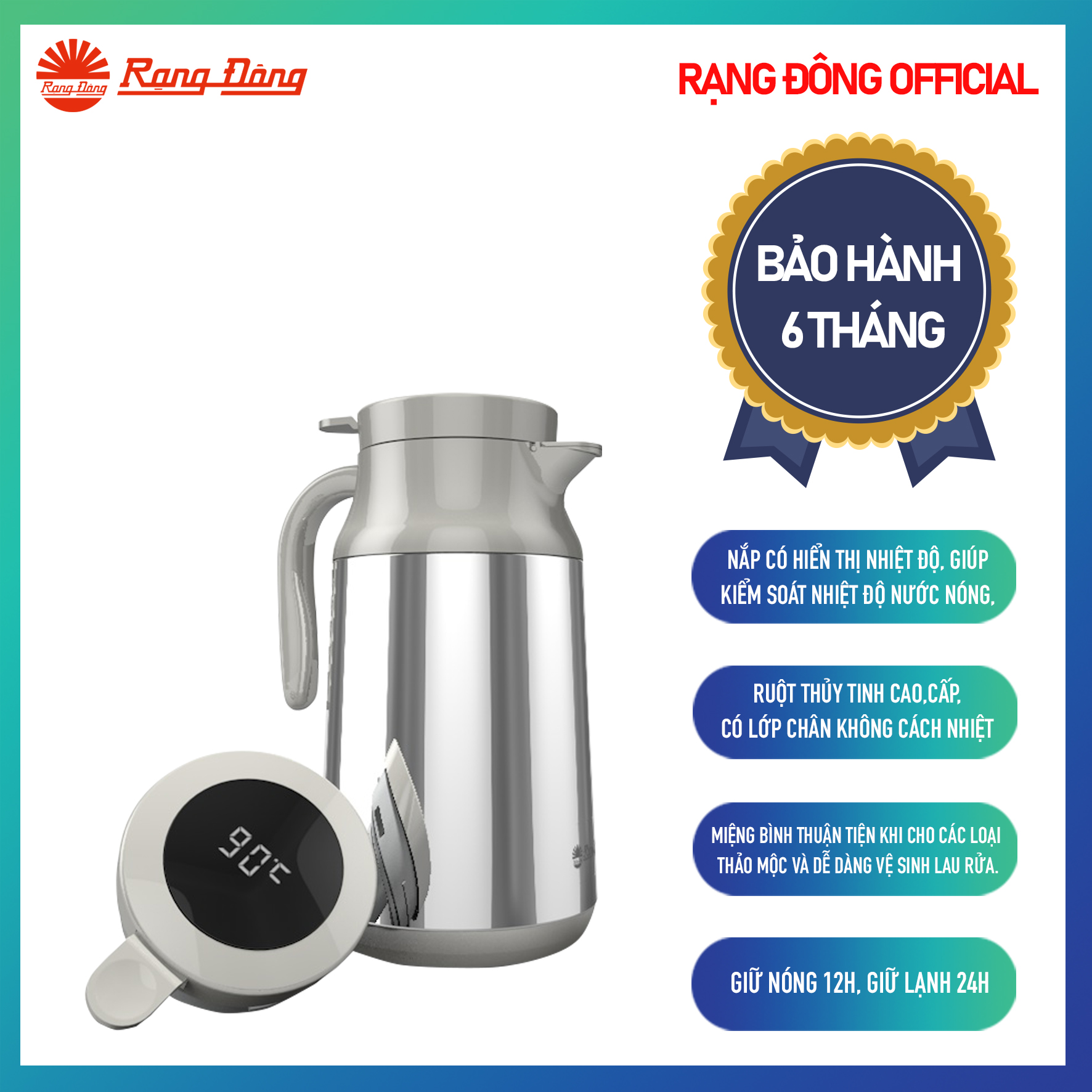 Bình trà giữ nhiệt 1,3 lít Rạng Đông Hiển thị nhiệt độ Ruột thủy tinh cao cấp An toàn cho sức khỏe RD-1300ST1.E