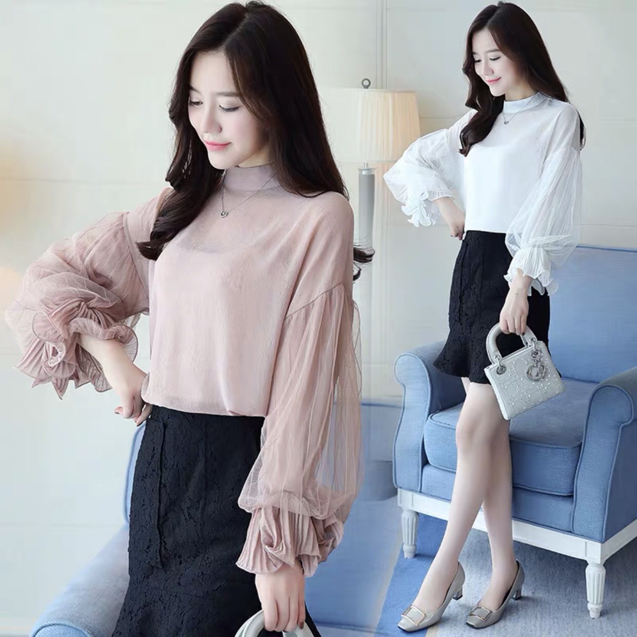 Áo voan lụa phối ren tay bồng