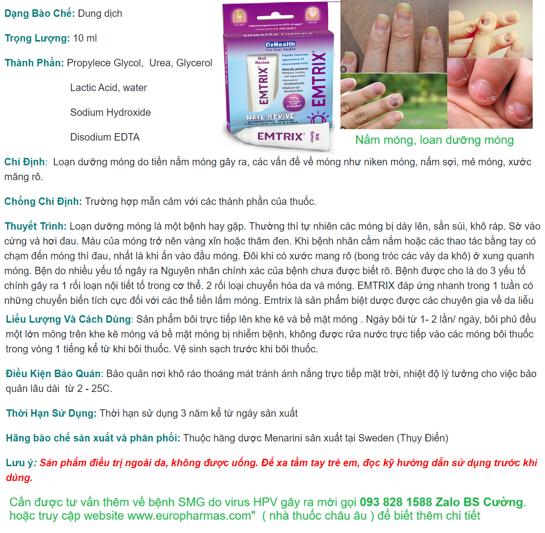 Emtrix tri loạn dưỡng móng, nâm móng, viem quang móng
