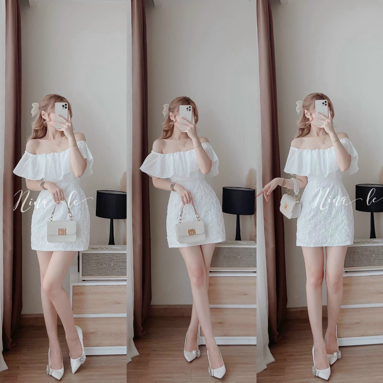 HOÀN TIỀN MAX - Đầm thời trang nữ mặc đi dự tiệc, Đầm trắng chất xốp trễ vai phối voan tơ bèo có lót trong kèm mút ngực váy chữ A suông