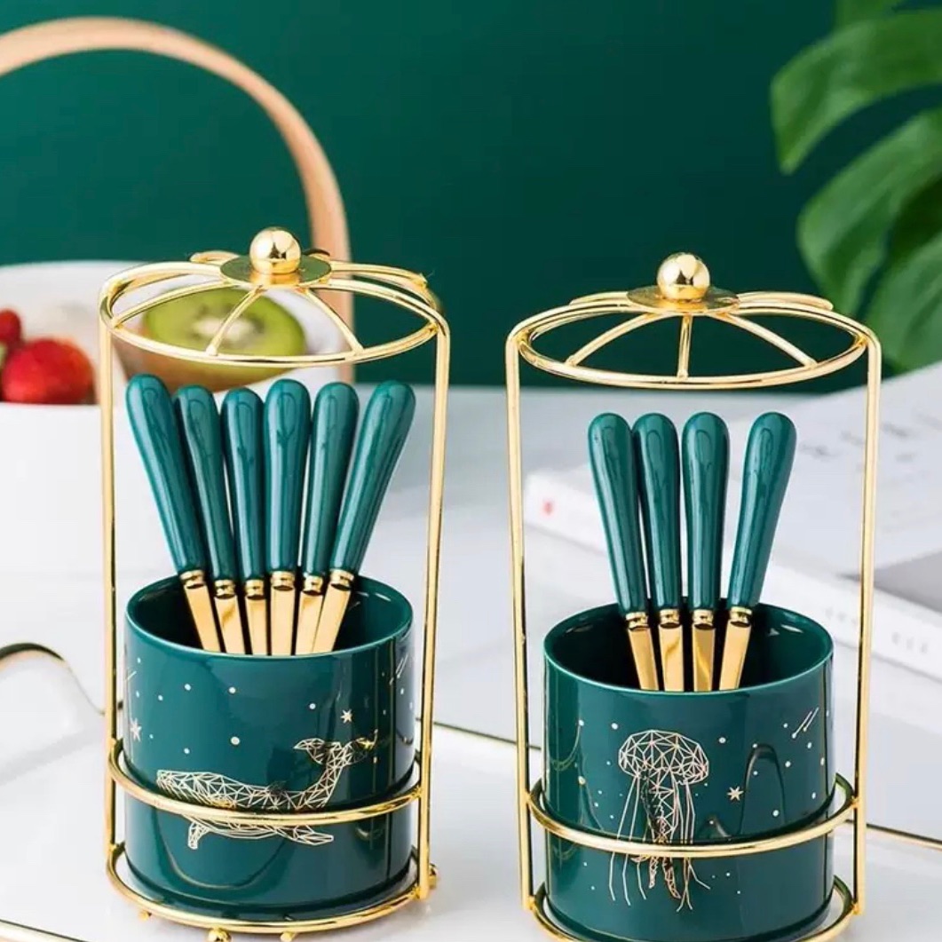 Ống cắm thìa dĩa,rỏ cắm thìa sứ xanh cổ vịt nhập khẩu cao cấp phong cách châu Âu