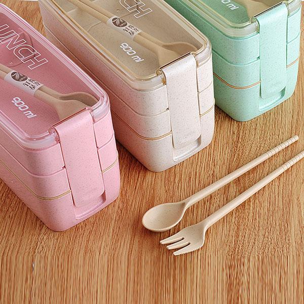 Combo hộp đựng cơm 3 tầng chất liệu lúa mạch & túi đựng