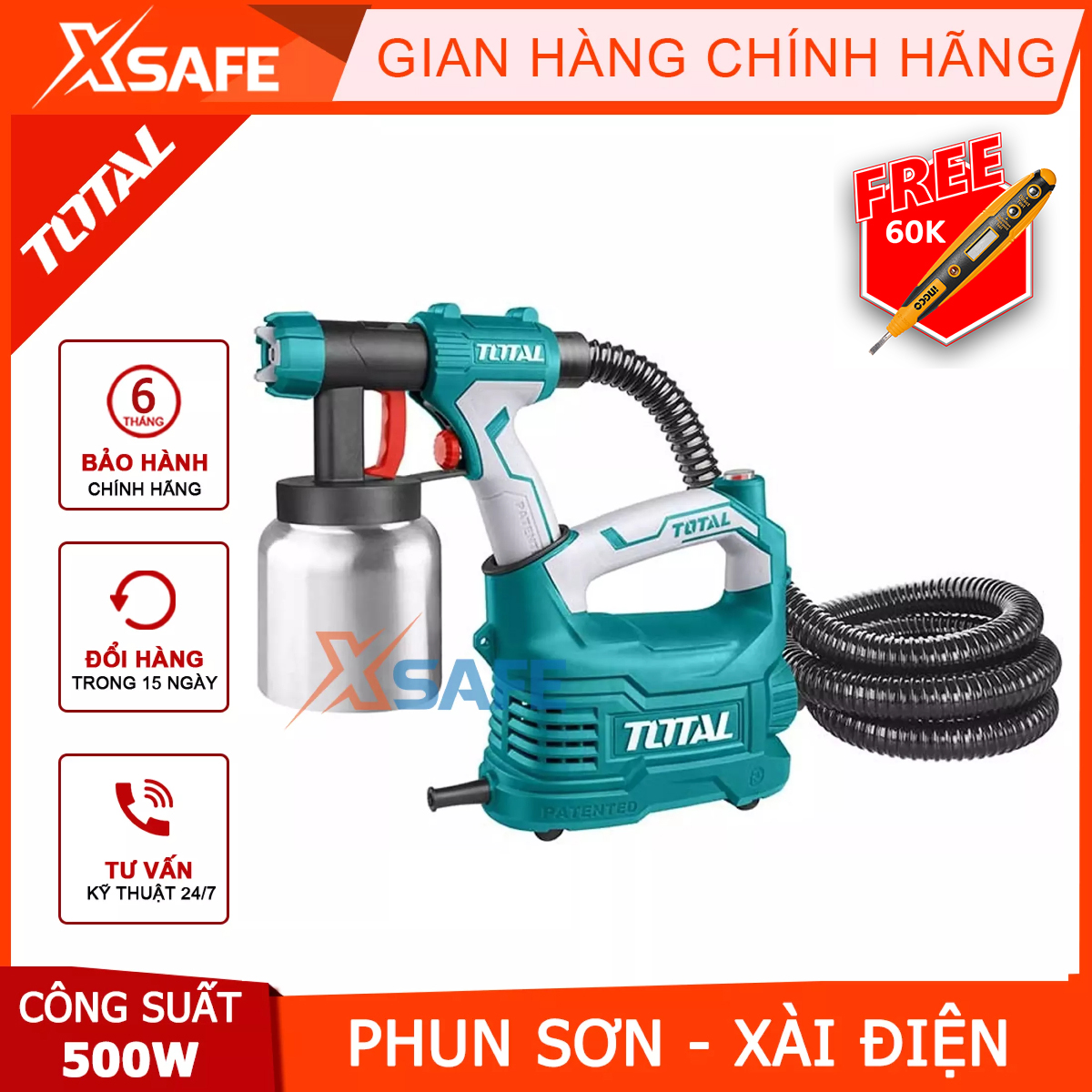 Máy phun sơn dùng điện bình nhôm total tt5006-2 500w súng phun sơn dùng điện bình nhôm 220-240v 50-60hz