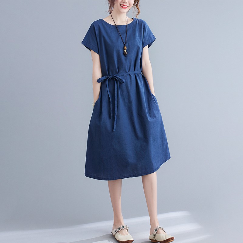 Đầm suông nữ thắt eo xinh, đầm linen nữ cổ tròn ngắn tay form dáng trẻ trung thời trang đũi việt