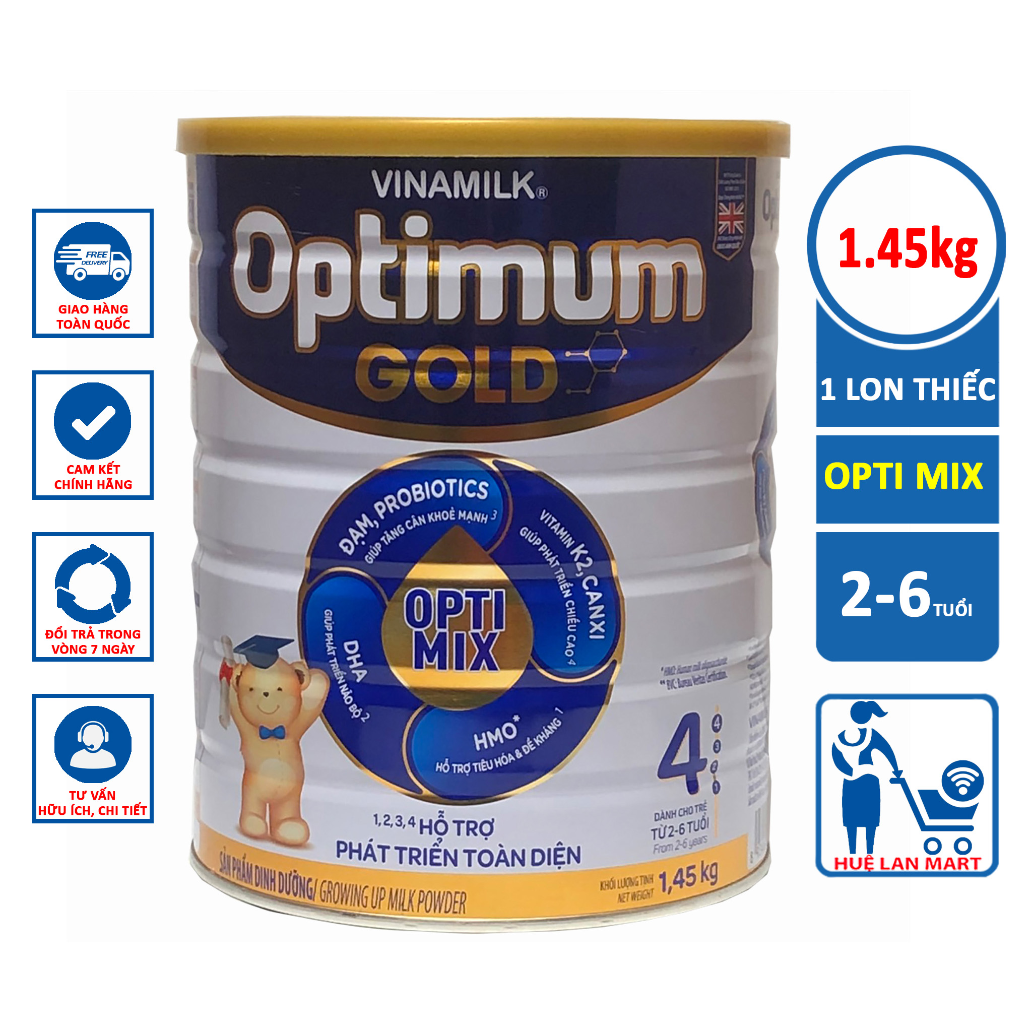 Sữa Bột Vinamilk Optimum Gold Opti Mix Số 4 - Hộp 1,45kg (Cho trẻ 2~6 tuổi)