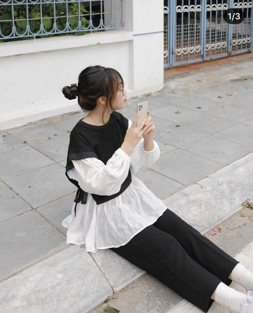 Áo peplum tay phồng phối ghile thắt eo